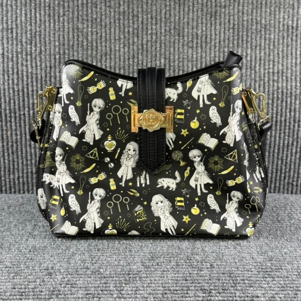 Loungefly Harry Potter Chibi Characters Crossbody Bag Black Gold Anime Print - Picture 4 of 16